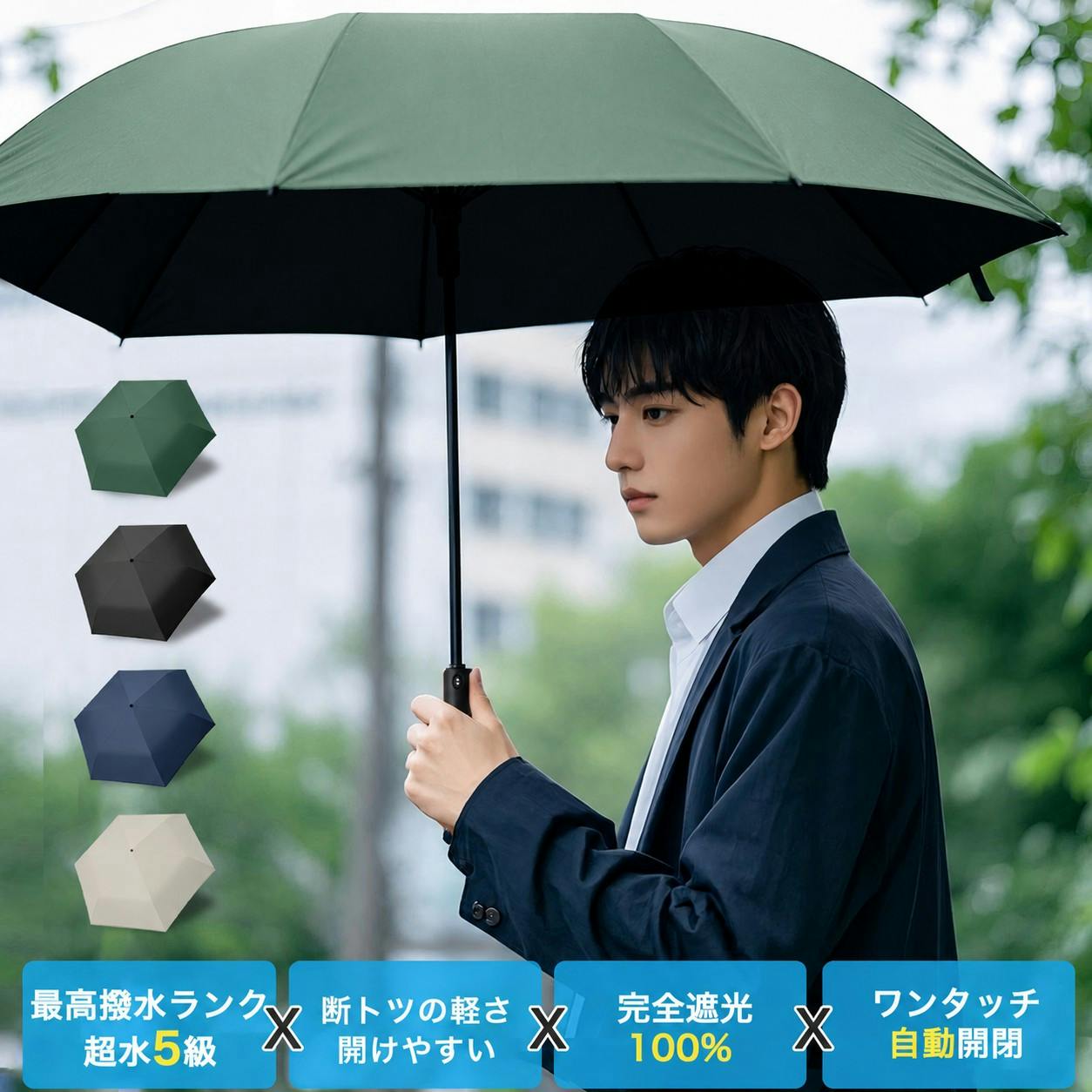折りたたみ傘 自動開閉 メンズ 大きめ 晴雨兼用 日傘 雨傘 完全遮光 UVカット 高撥水 6本骨  軽量 遮熱 耐風 丈夫 通勤 通学 旅行 紳士傘 軽量 携帯便利 コンパクト 紫外線 ビーングリーン