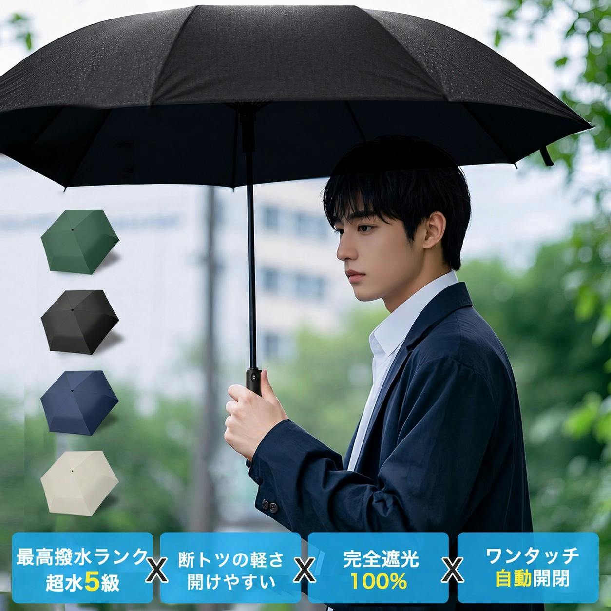 折りたたみ傘 自動開閉 メンズ 大きめ 晴雨兼用 日傘 雨傘 完全遮光 UVカット 高撥水 6本骨  軽量 遮熱 耐風 丈夫 通勤 通学 旅行 紳士傘 軽量 携帯便利 コンパクト 紫外線 ブラック