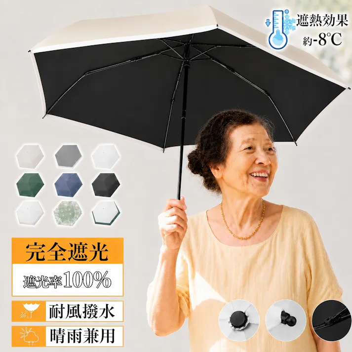 日傘 自動開閉 高齢者 老人 折りたたみ 完全遮光 晴雨兼用 レディース メンズ兼用 UVカット 軽量 220g ワンタッチ コンパクト お年寄り 丈夫 6本骨 遮熱 5級撥水 紫外線 完全遮光 ベージュ×オフホワイト
