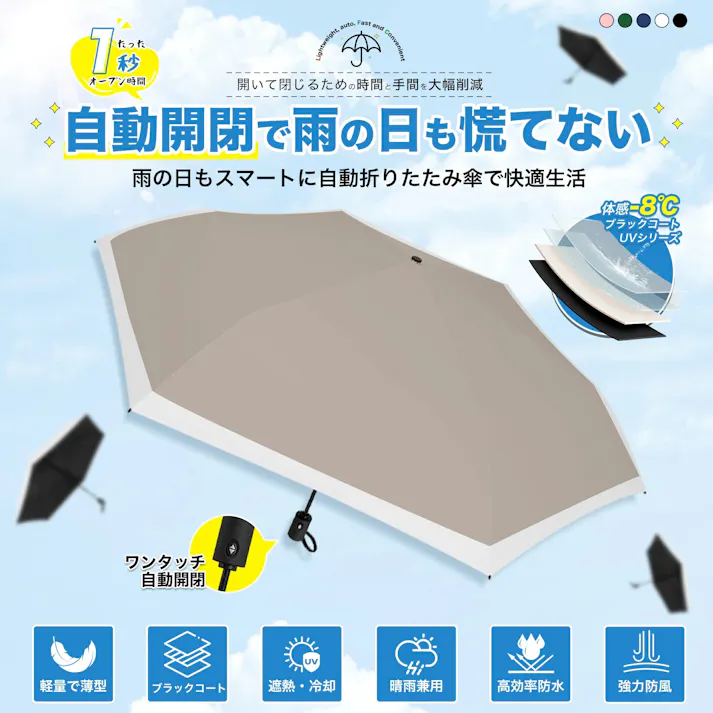 日傘 自動開閉 高齢者 老人 折りたたみ 完全遮光 晴雨兼用 レディース メンズ兼用 UVカット 軽量 220g ワンタッチ コンパクト お年寄り 丈夫 6本骨 遮熱 5級撥水 紫外線 完全遮光 ベージュ×オフホワイト