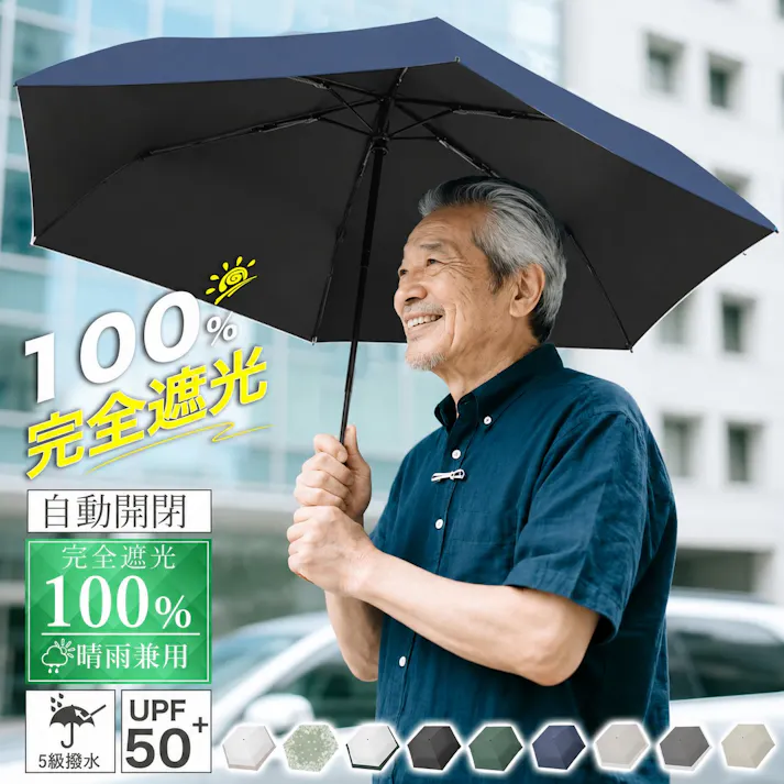 日傘 自動開閉 高齢者 老人 折りたたみ 完全遮光 晴雨兼用 レディース メンズ兼用 UVカット 軽量 220g ワンタッチ コンパクト お年寄り 丈夫 6本骨 遮熱 5級撥水 紫外線 完全遮光 ネイビー