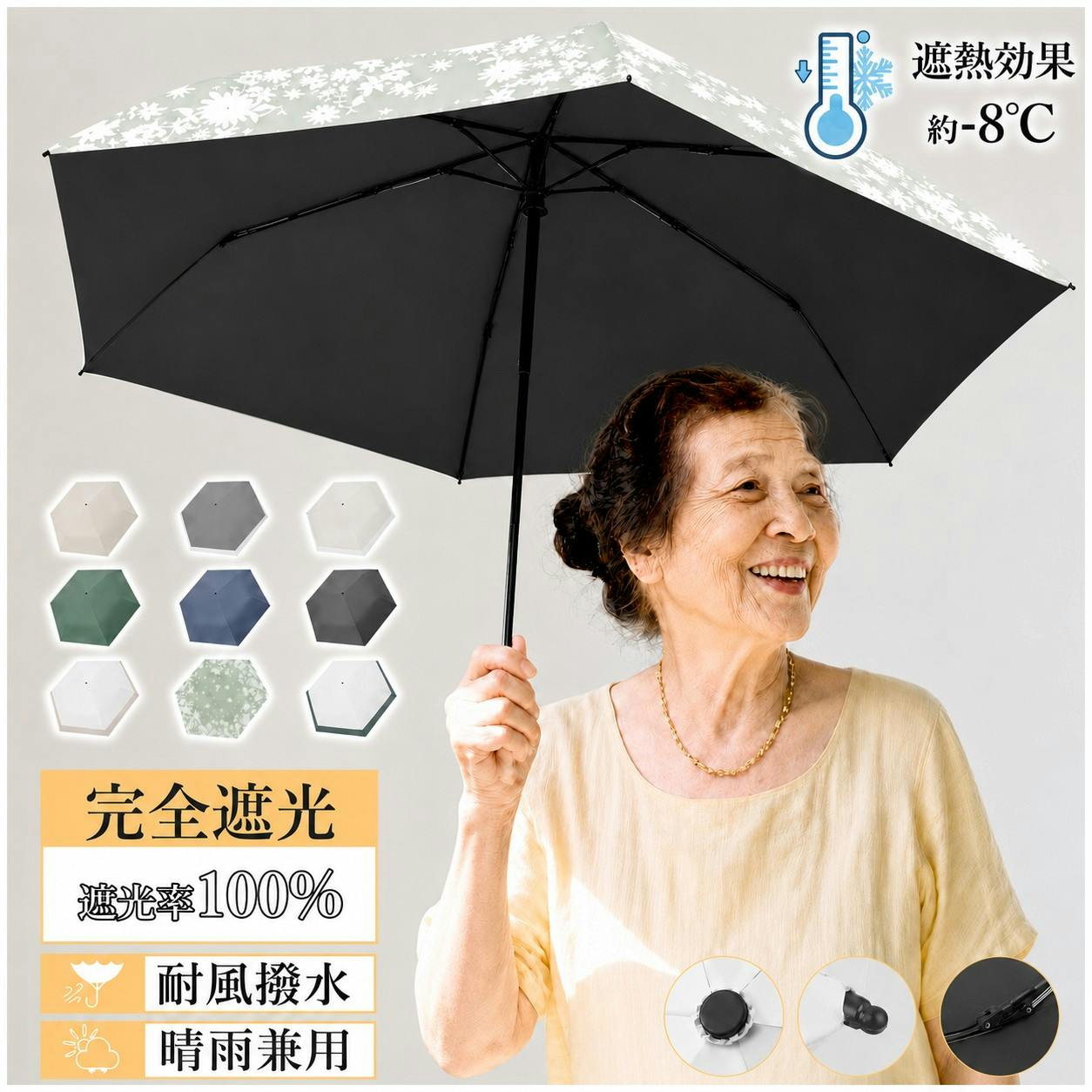 日傘 自動開閉 高齢者 老人 折りたたみ 完全遮光 晴雨兼用 レディース メンズ兼用 UVカット 軽量 220g ワンタッチ コンパクト お年寄り 丈夫 6本骨 遮熱 5級撥水 紫外線 完全遮光 花柄×ホワイト