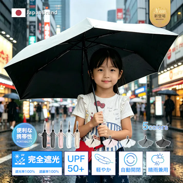 日傘 折りたたみ 子供用 軽量 自動開閉 ワンタッチ 100%uvカット 100%遮光 晴雨兼用 折りたたみ傘 5級撥水 梅雨 熱中症 紫外線対策 雨傘 6本骨 子供向け 小学生 低学年 高学年 子ども 通学 通園 遮熱 涼感 無地 ギフト プレゼント ホワイト