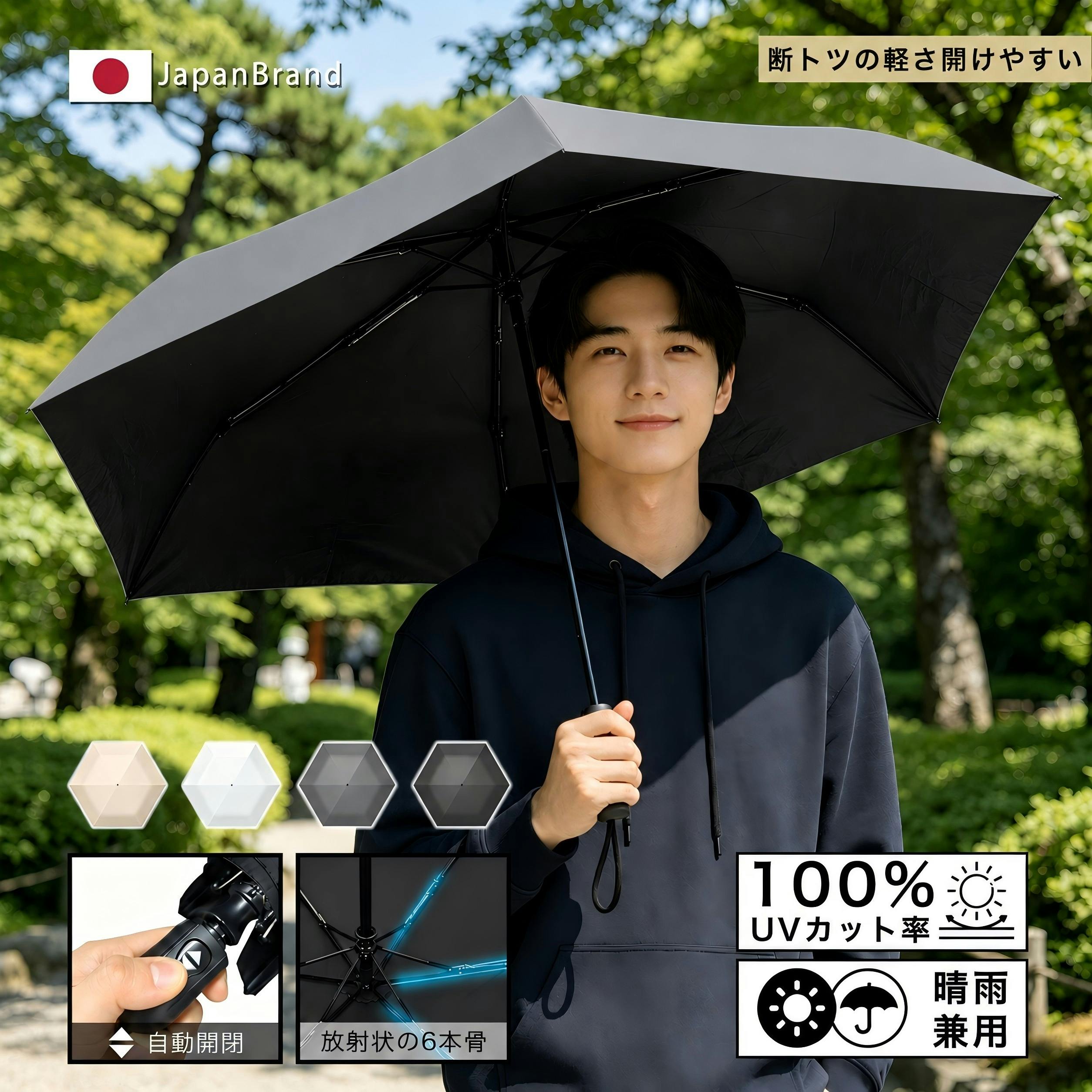 メンズ 折りたたみ傘 3段 ワンタッチ 自動開閉 100％完全遮光 晴雨兼用 UVカット 軽量 6本骨 遮熱 涼感 超撥水 5級撥水 傘袋付 日傘 雨傘 男性用 無地 グレー