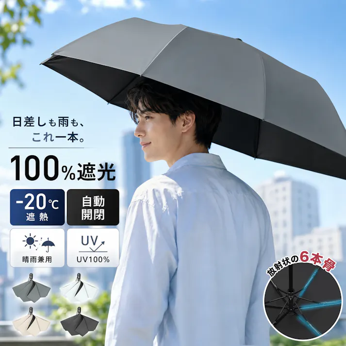 折りたたみ傘 メンズ 男性用 ワンタッチ 大きめ 自動開閉 晴雨兼用 日傘 雨傘 紳士傘 100%完全遮光 UVカット 高撥水 軽量 遮熱 耐風 丈夫 通勤 通学 旅行 軽量 無地 携帯便利 傘袋付 ギフト グレー