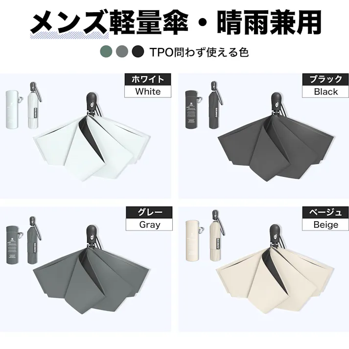 折りたたみ傘 メンズ 男性用 ワンタッチ 大きめ 自動開閉 晴雨兼用 日傘 雨傘 紳士傘 100%完全遮光 UVカット 高撥水 軽量 遮熱 耐風 丈夫 通勤 通学 旅行 軽量 無地 携帯便利 傘袋付 ギフト グレー