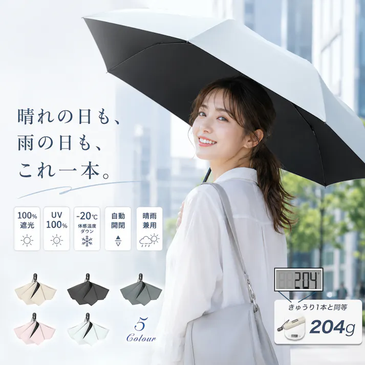 超軽量自動傘 レディース 100%完全遮光 日傘 ワンタッチ 折りたたみ傘 ワンタッチ 自動開閉 折りたたみ 丈夫 可愛い 晴雨兼用 超軽量 大きい 折り畳み傘 6本骨 無地 遮熱 撥水 uvカット 紫外線対策 おしゃれ エレガント 日焼け対策 通勤通学 ホワイト