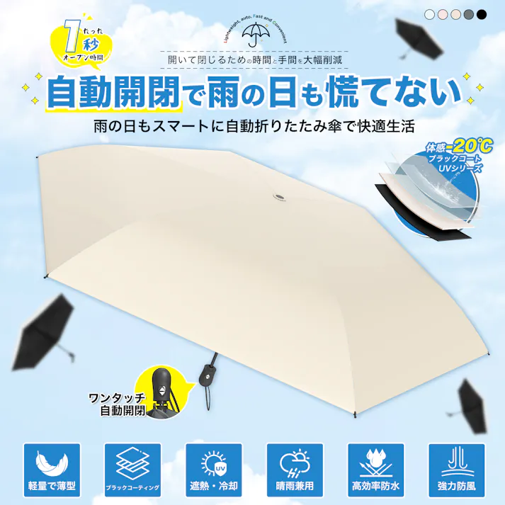 レディース 折りたたみ傘 ワンタッチ自動開閉 日傘 超軽量 自動傘 可愛い 3段 100%完全遮光 UVカット100% 晴雨兼用 コンパクト 撥水 無地 雨対策 紫外線対策 丈夫 日焼け対策 通勤 通学 グレー
