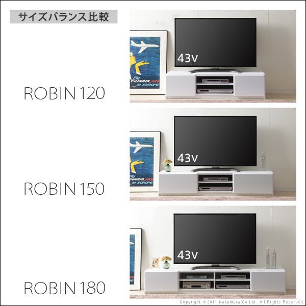 背面収納TVボード-ロビン 幅150cm／色：ホワイト（前板鏡面タイプ