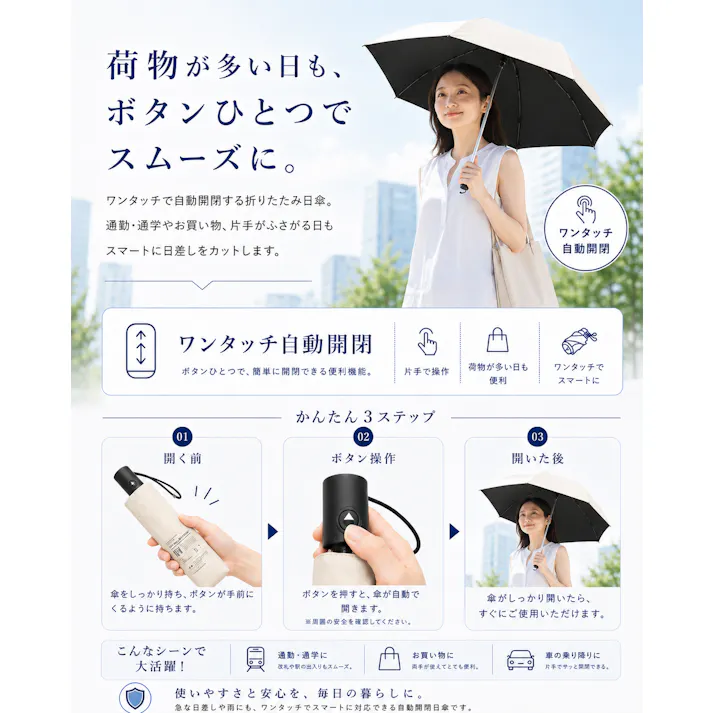 【暑さ対策セール!2980円→2480円】【送料無料最短翌日出荷!】自動開閉日傘【軽量で疲れない!】熱中症対策 UVカット 超軽量 250g 遮光 折り畳み傘 遮光率100% UPF50+ 梅雨対策 晴雨兼用 男女兼用 グレー