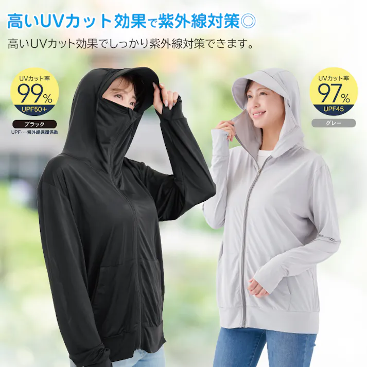 【UV&クール顔までガードパーカー グレー L-LL】 ちあふる UVカット率99%&UPF50+。顔から手の甲までガード。冷感素材でひんやり。ロング丈。ガーデニングや遮熱に。 JAN:4571414700122