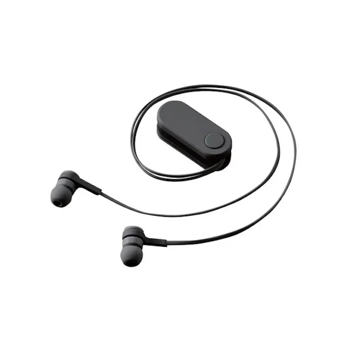 ワイヤレスイヤホン Bluetooth5.0 両耳 コードあり 巻き取り式 クリップ付 スモークブラック コンパクト