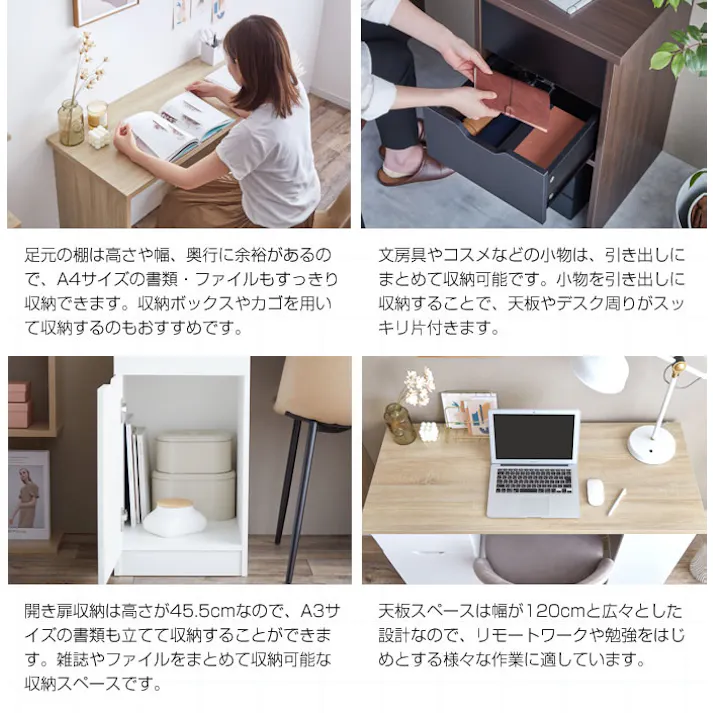 【幅120cm】Ella 収納付きデスク/色:ホワイト 収納スペース 扉収納 実用性 【送料込み】 #iina