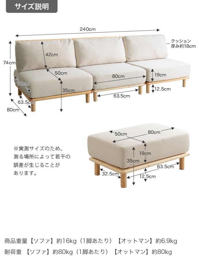 4点セット】ファブリックローソファ3脚+オットマン1脚／色：ライト