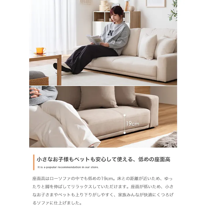 【幅166cm】2.5人掛けローソファ/色:グレージュ Lottie シンプルデザイン ロー設計 ベーシック テイスト 【送料込み】 #iina