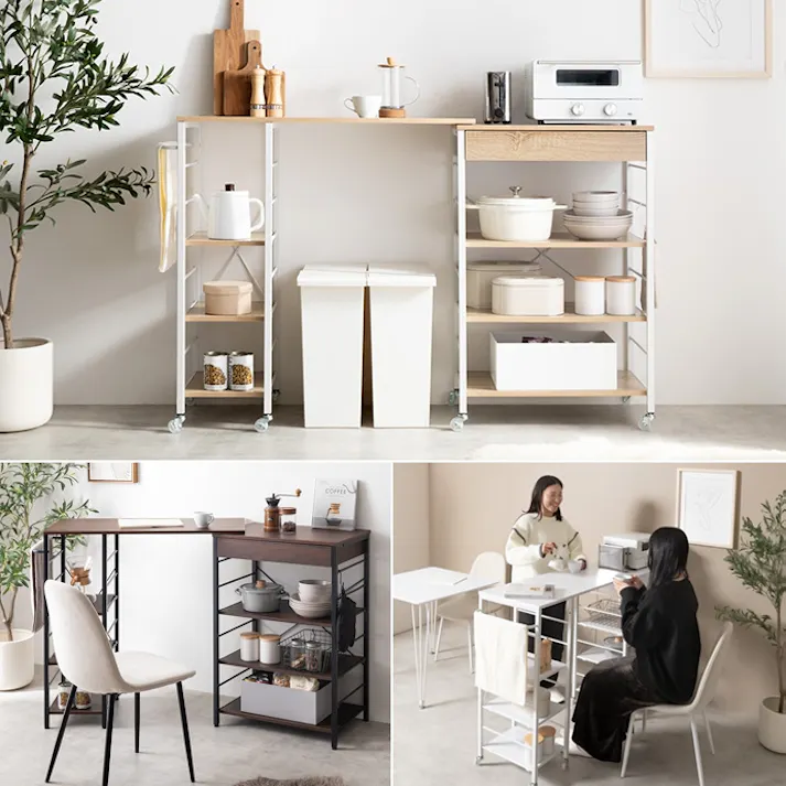 【幅95.5-150cm】伸縮レンジラック/色:ブラウン Cammy 収納スペース キッチン家電 コンパクト キャスター スムーズ 天板 リビング収納 【送料込み】 #iina