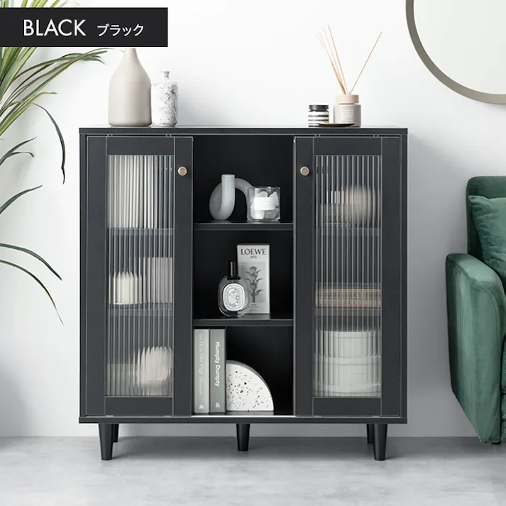 【幅78cm】Sonagi 引き戸キャビネット/色:ブラック 棚 ラック おしゃれ収納 収納物 モールガラス コンパクト モノトーン スライド ゴールド 【送料込み】 #iina