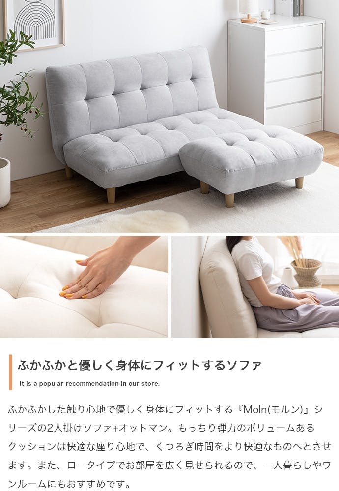 2点セット】Moln 2人掛けソファ+オットマン／色：グレー 【送料込み