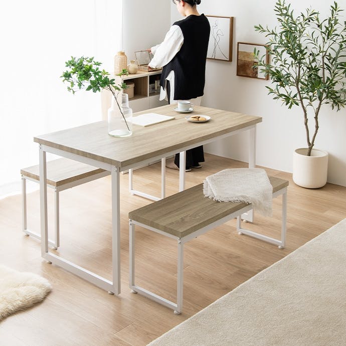 3点セット】Moku 幅130cmダイニングテーブル+ダイニングベンチ2セット