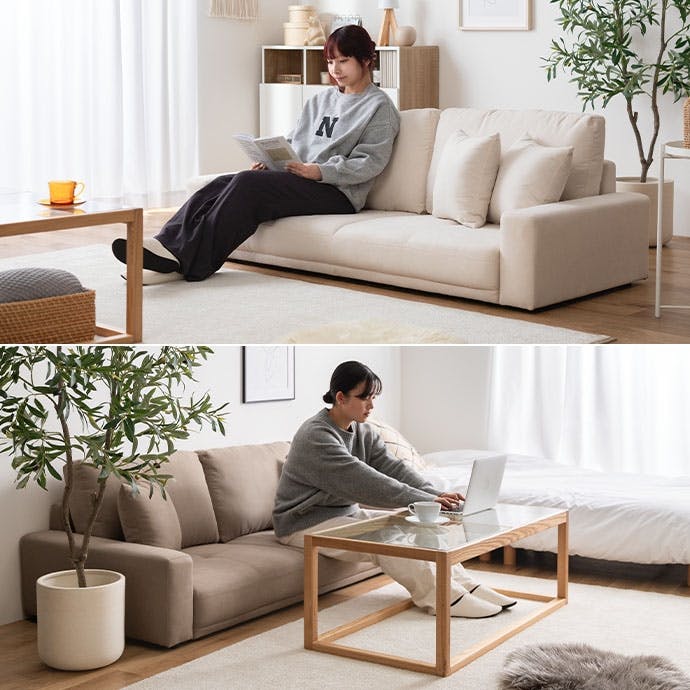 幅166cm】2.5人掛けローソファ／色：アイボリー 【送料込み】 #iina