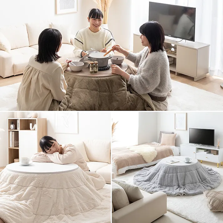 【円形:天板 68cm】こたつ&掛け布団2点セット/色:本体:オーク×布団:アイボリー Kos こたつテーブル こたつ2点セット ナチュラルカラー コンパクトサイズ リバーシブル仕様 フランネル ファー 【送料込み】 #iina