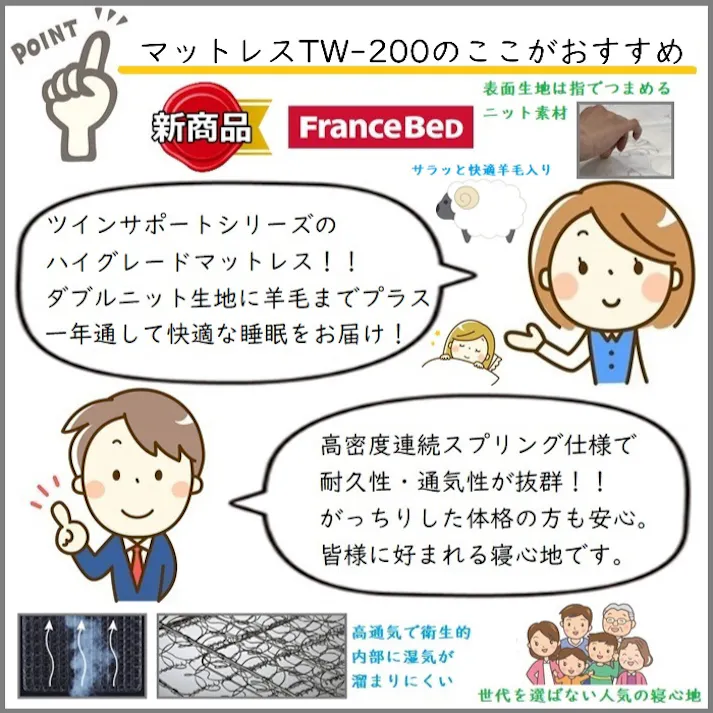 フランスベッド マットレス TW-200 【お部屋まで無料で開梱設置】 ダブルサイズ ツインサポートシリーズ ハイグレードマットレス
