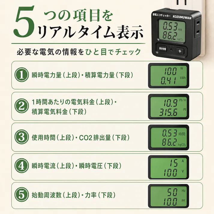 KOZUMUWAN エコキーパー エコチェッカー コンセント 節電 電力計 チェッカー 電力チェッカー 簡易電力計 エコ 省エネ 電気代 デジタル液晶ディスプレイ 大型LCD表示 ボタン ブラック