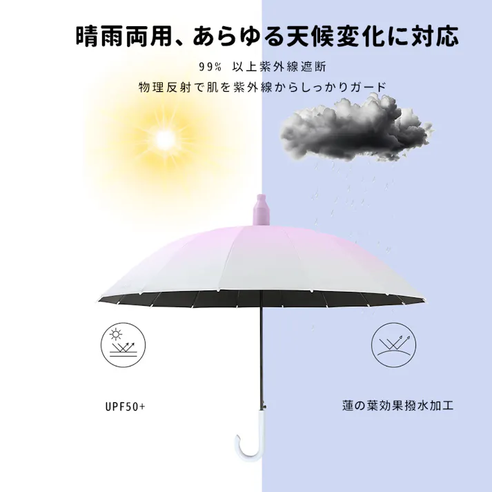 グラデーションカラー 日傘 uvカット 100 遮光 長傘 日傘兼用雨傘 完全遮光 遮熱 レディース カバー付き 傘 濡れない 16本骨 ジャンプ傘 軽量 可愛い おしゃれ 耐風 丈夫 超撥水 太めのABSハンドル 大きい 通勤 プレゼント