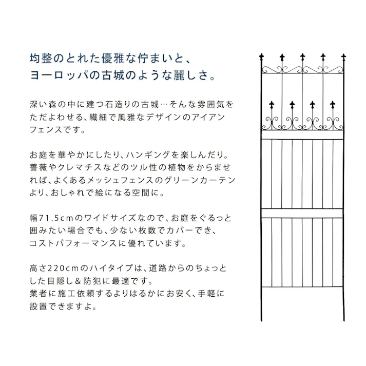 ガーデンフェンス 220cm ハイタイプ 2枚組 フェンス アイアン ガーデニング 枠 柵 仕切り クラシカル アンティーク つる 薔薇 バラ 朝顔 園芸 ラティス トレリス 屋外