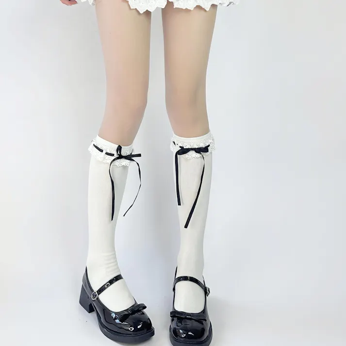 レースソックス 蝴蝶結小腿ソックス 甘い少女靴下