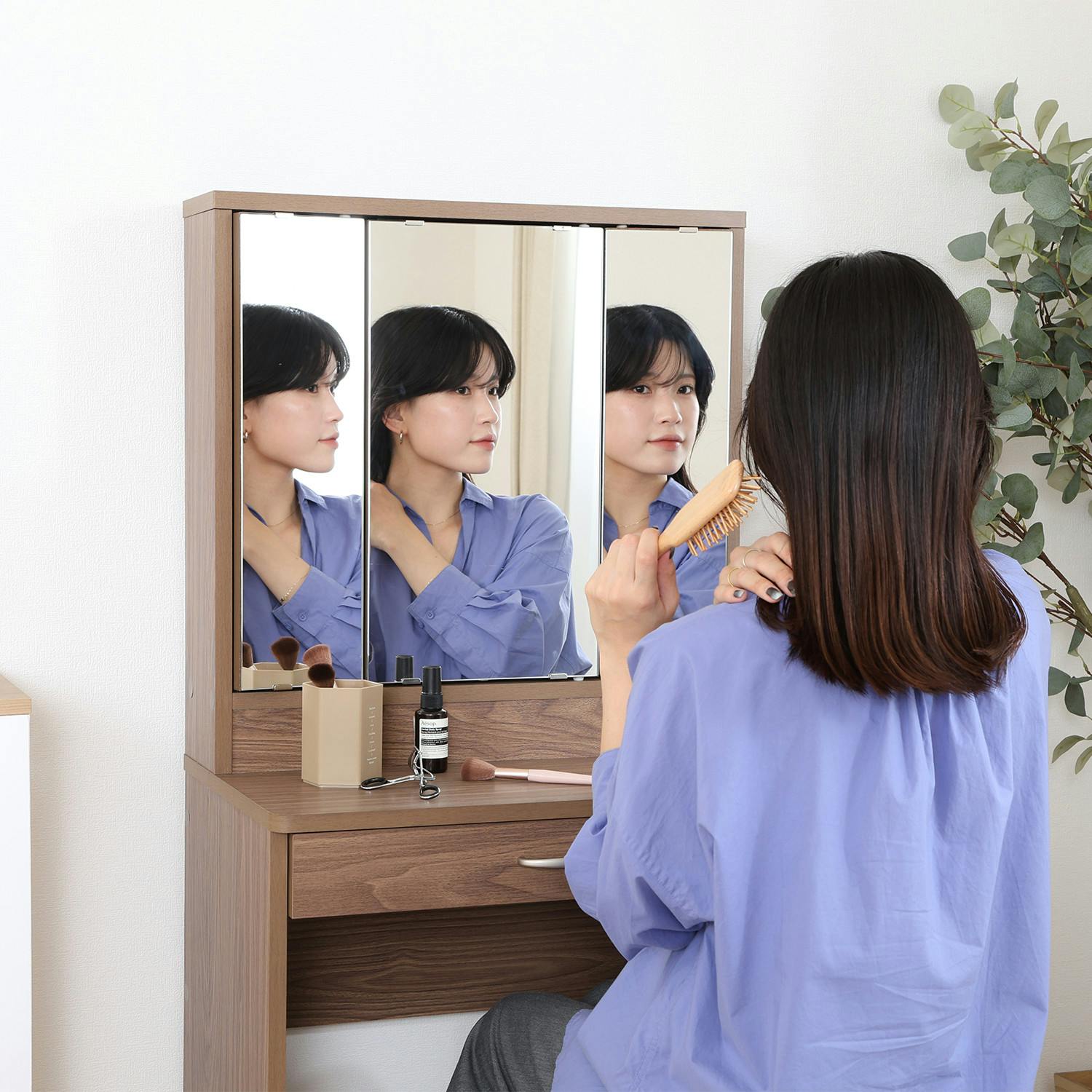 メルル ドレッサー(三面鏡) スツール付き ブラウン 三面ミラーで