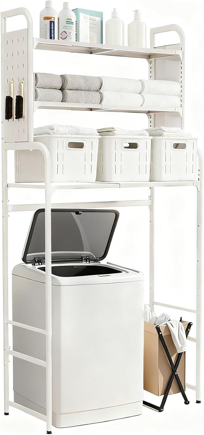 洗濯機 ラック ランドリー 収納棚 3段階に高さ調節可能 幅伸縮タイプ 51~81cm 有孔ボード付き 多用途 大承重 洗濯機上収納棚 日本語の説明書付き オフホワイト