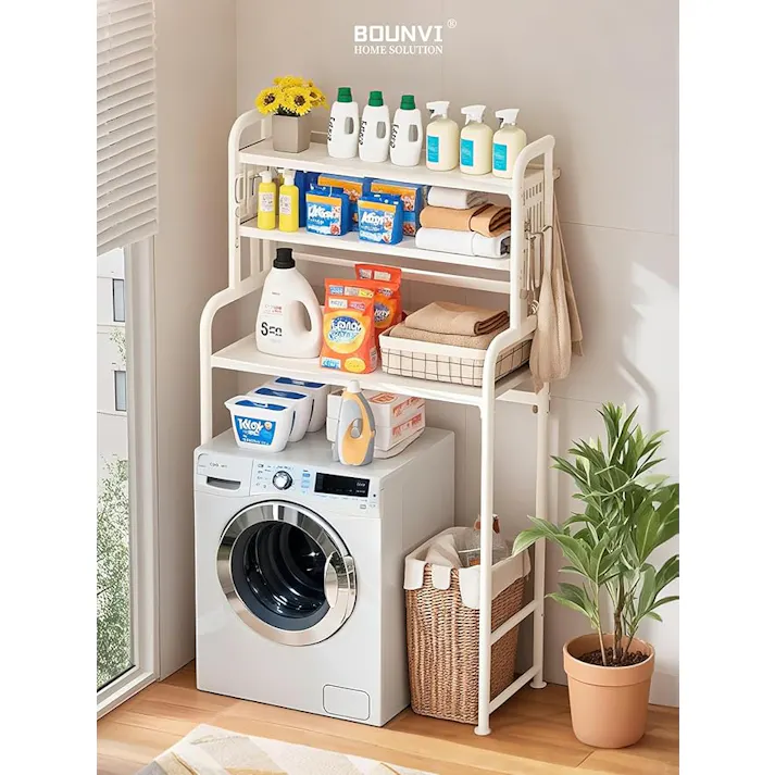 洗濯機 ラック ランドリー 収納棚 3段階に高さ調節可能 幅伸縮タイプ 51~81cm 有孔ボード付き 多用途 大承重 洗濯機上収納棚 日本語の説明書付き オフホワイト