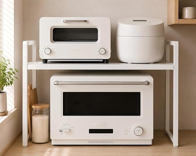 レンジ上ラック トースターラック レンジ置き台 伸縮式 幅40~60cm 棚板高さ調節可 耐荷重50kg シンク上キッチン収納 フック4個付き