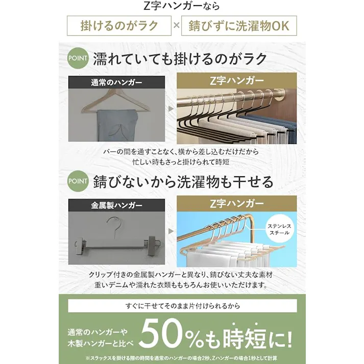ズボンハンガー Z字構造×滑らない加工済み スラックスハンガー タオル パンツ スラックス に最適