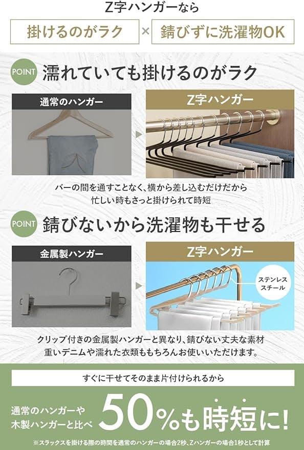 ズボンハンガー Z字構造×滑らない加工済み スラックスハンガー タオル