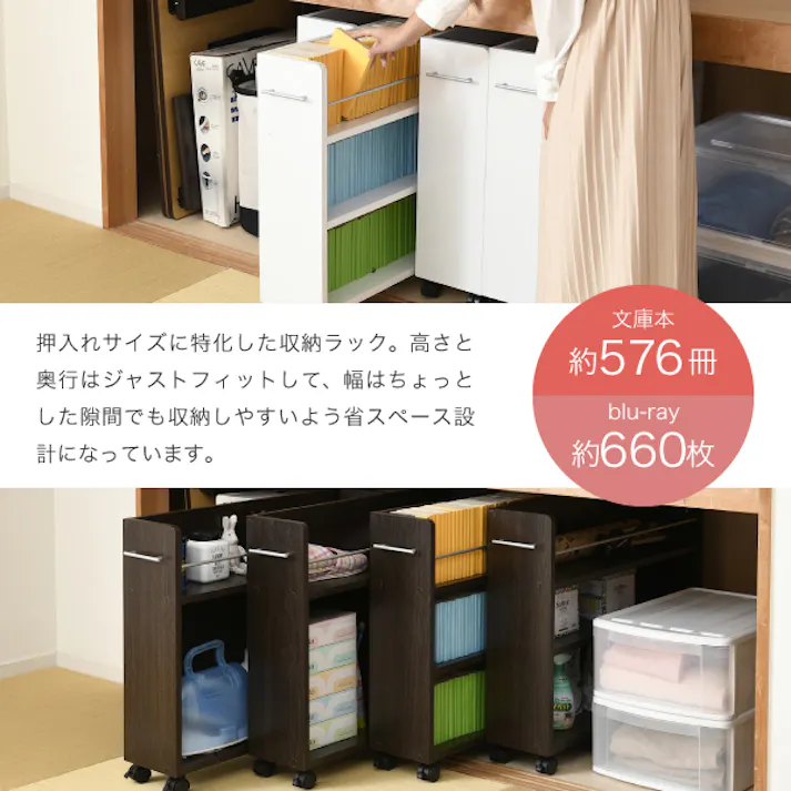 キャスター付き 収納 押入れ ラック 本棚 4個セット 幅19.5 奥行78 .5 隙間 スリム ワゴン 棚 3段 大容量 CD DVD 本 漫画 整理 収納 スライド 収納庫 おしゃれ