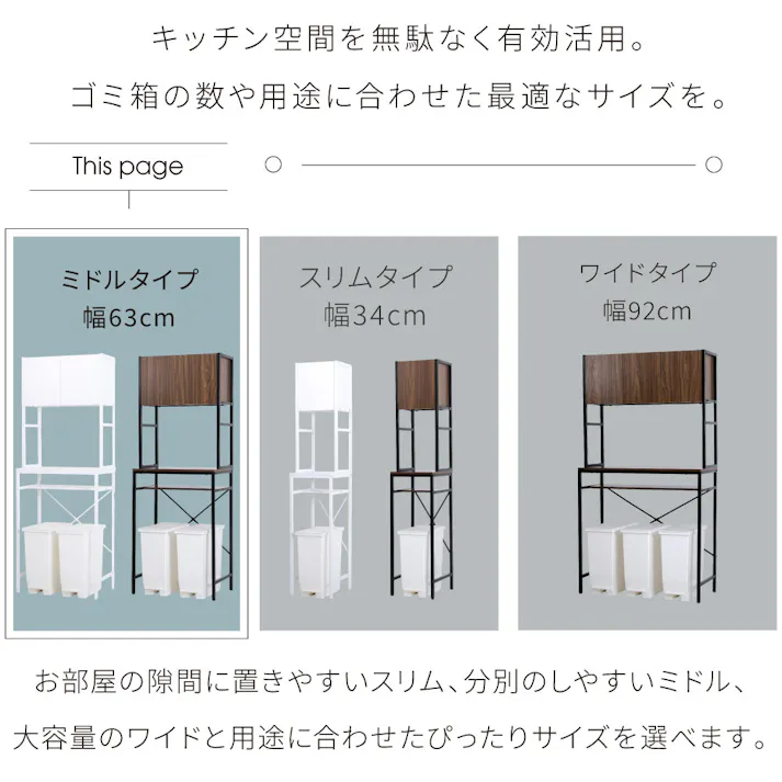 ゴミ箱上収納 ラック キッチン 隙間収納 幅63 奥行40 高さ170 キッチンラック レンジ 台 炊飯器 食器 棚 ゴミ箱収納 扉付 木製 シンプル ホワイト ブラウン