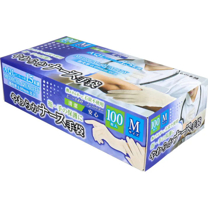 【2点まとめ買い】やわらかナース手袋 ビニール素材 ノンパウダー Mサイズ 100枚入 × 2点 熱エネルギーに石炭不使用。指・手の保護に。 AQL(ピンホール率)1.5未満。指先厚0.09mm以上。 【送料込み】