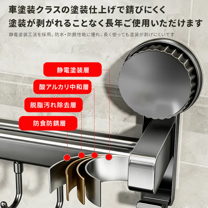 キッチンツールフック 壁掛け 粘着 吸盤 強力 壁美人 台所 収納 調理器具 収納 壁に穴を開けない 金属 アルミニウム 防水防錆 40cm 6個フック