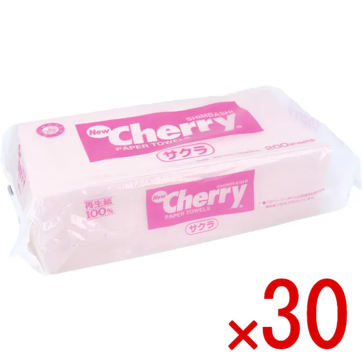 【30点まとめ買い】ペーパータオル ニューチェリーサクラタオル 200枚入 × 30点 紙色は人気のある桜花色で、ユーザーの心に明るさと和みをもたらします。 環境にやさしい上質古紙100%で造られた環境保全商品で、柔らかさ、吸水性に優れています。 【送料込み】
