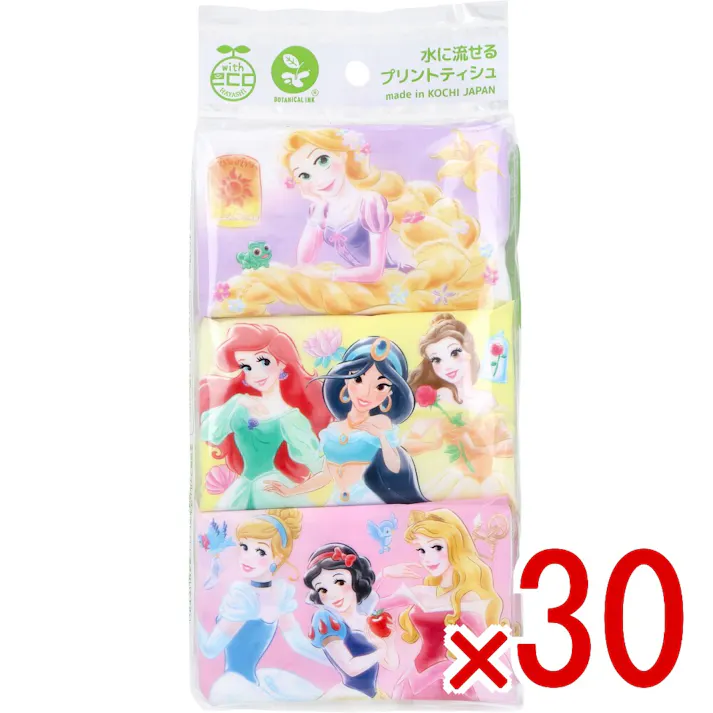 【30点まとめ買い】ディズニープリンセス 水に流せるプリントティシュ 16枚(8組)×6個入 × 30点 水に流せるティシュ。 このパッケージはフィルムの厚みを薄くすることにより、廃棄プラスチック量を削減しています。 【送料込み】
