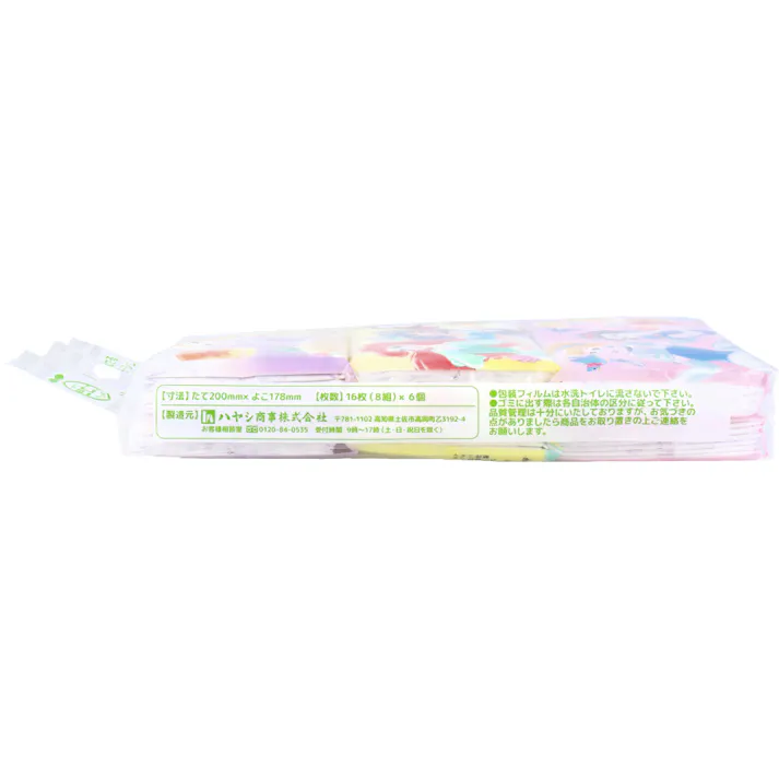 【30点まとめ買い】ディズニープリンセス 水に流せるプリントティシュ 16枚(8組)×6個入 × 30点 水に流せるティシュ。 このパッケージはフィルムの厚みを薄くすることにより、廃棄プラスチック量を削減しています。 【送料込み】