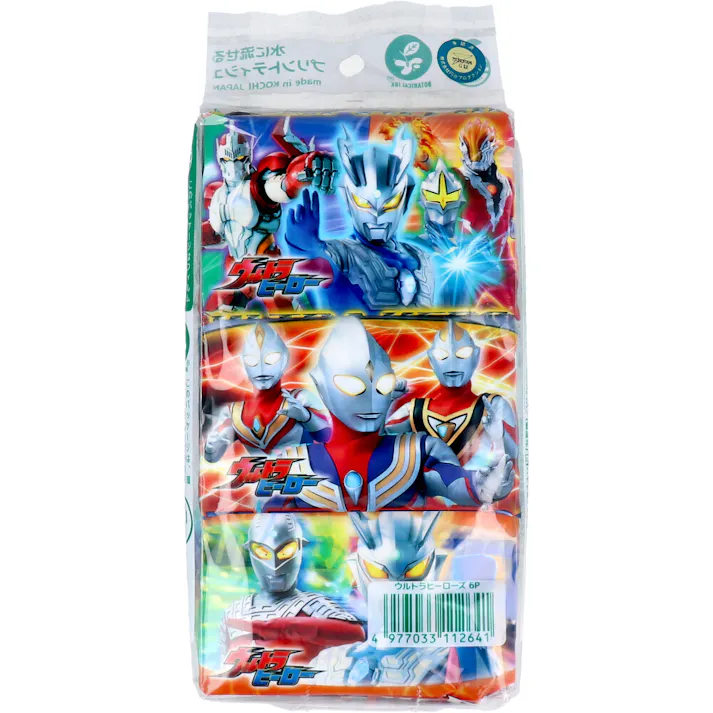 【30点まとめ買い】水に流せるプリントティシュ ウルトラヒーローズ 16枚(8組)×6個入 × 30点 水に流せるティシュ。 このパッケージは、環境にやさしい植物由来成分を含むインキを使用しています。 【送料込み】