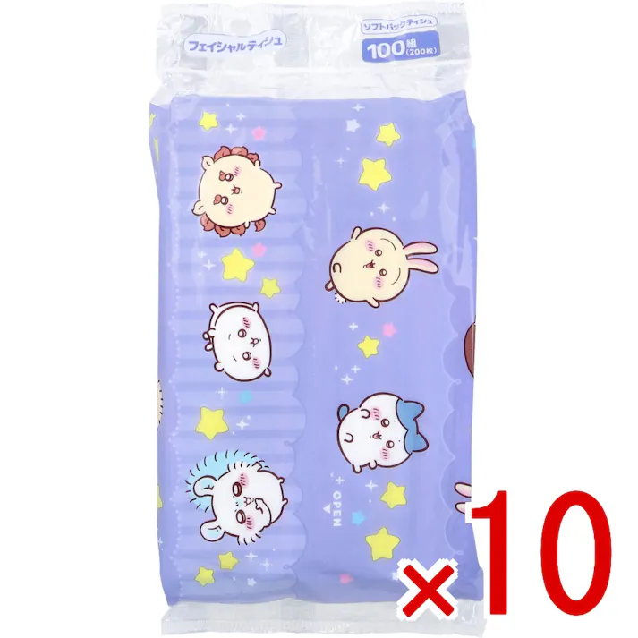 【10点まとめ買い】ちいかわ フェイシャルティシュ ソフトパックティシュ 200枚(100組)入 × 10点 吊り下げて省スペース!! 外出先・車の中で。 【送料込み】