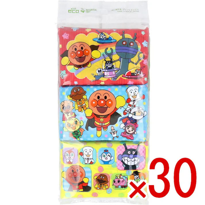 【30点まとめ買い】水に流せるプリントティシュ アンパンマン 16枚(8組)×6個入 × 30点 水に流せるティシュ。 このパッケージは、環境にやさしい植物由来成分を含むインキを使用しています。 【送料込み】