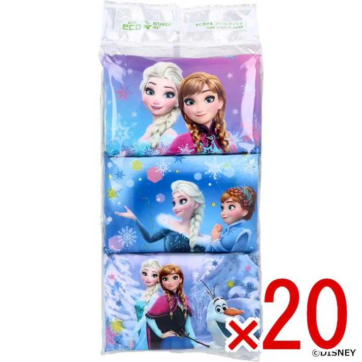 【20点まとめ買い】アナと雪の女王 水に流せるプリントティシュ 16枚(8組)×6個入 × 20点 水に流せるティシュ。 このパッケージはフィルムの厚みを薄くすることにより、廃棄プラスチック量を削減しています。 【送料込み】
