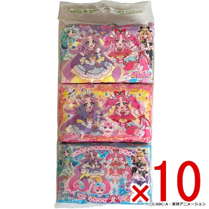 【10点まとめ買い】名探偵プリキュア! 水に流せるプリントティシュ 16枚(8組)×6個入 × 10点 水に流せるティシュ。 このパッケージはフィルムの厚みを薄くすることにより、廃棄プラスチック量を削減しています。 【送料込み】