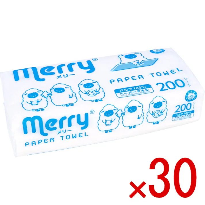【30点まとめ買い】ペーパータオル メリータオル パルプ 200枚入 × 30点 パルプ100%の製品です。 蛍光染料は使用しておりません。 【送料込み】