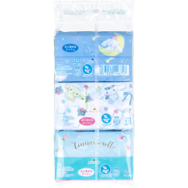 【10点まとめ買い】シナモロール 水に流せるプリントティシュ 16枚(8組)×6個入 × 10点 水に流せるティシュ。 「シナモロール」のキャラクタープリント入、6パックティシュです。 【送料込み】